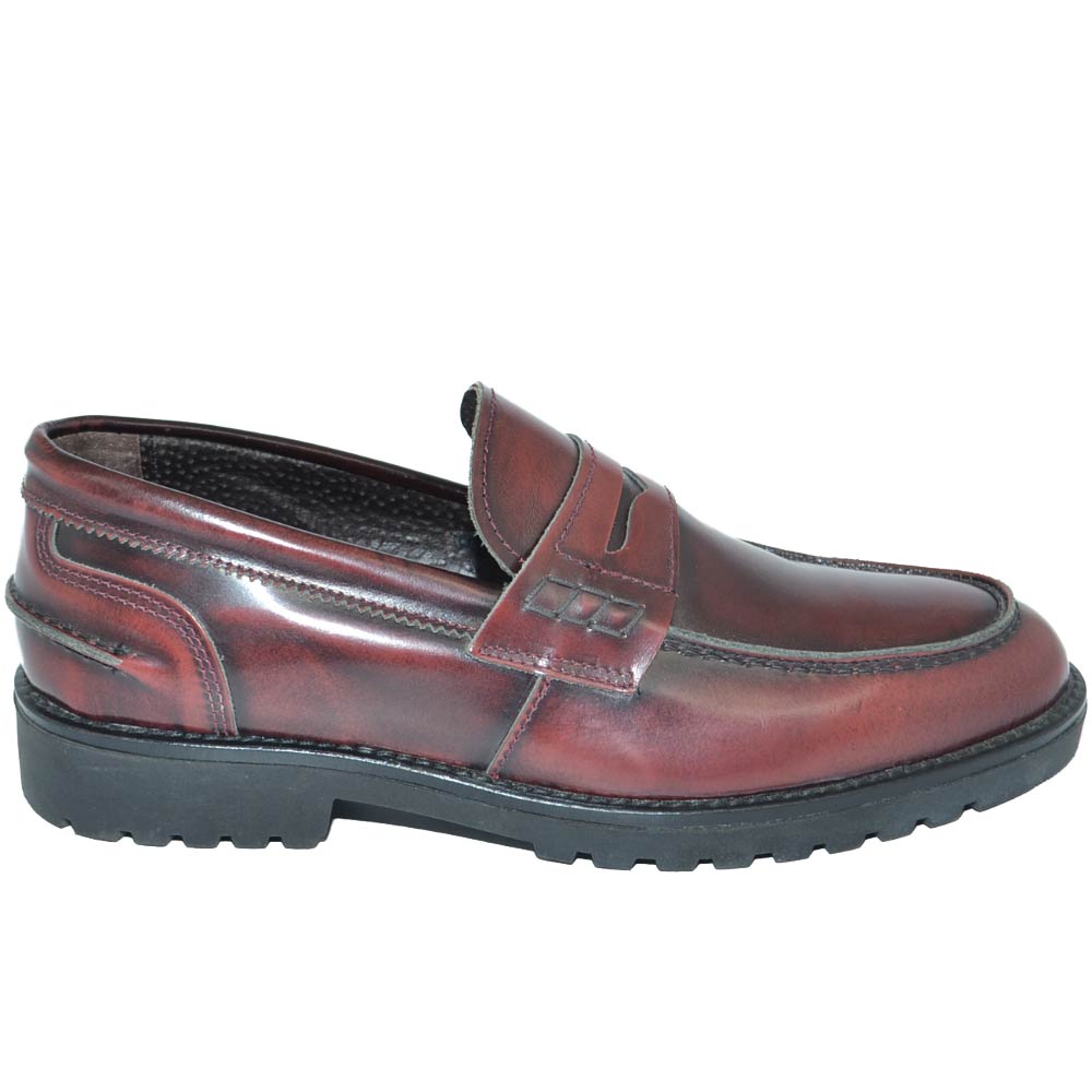 Scarpe uomo mocassino college inglese bordeaux vera pelle abrasivato spazzolato bendina made in italy fondo light roccia