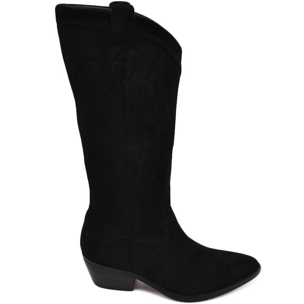 Stivali texani camperos donna trasversali camoscio nero tacco western in legno 3 cm e cuciture in risalto moda tendenza