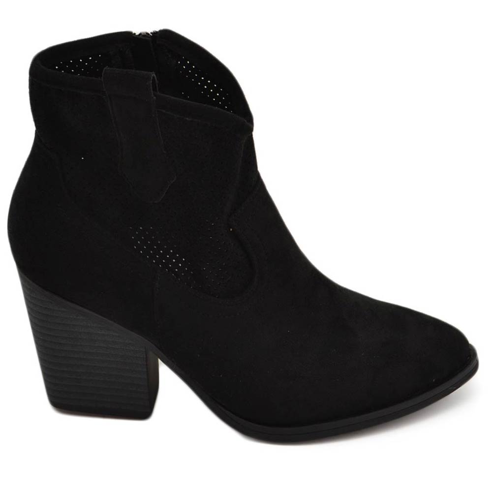 Texano tronchetti donna camperos in camoscio nero stivaletti con tacco largo comodo 5 cm traforato alla caviglia .