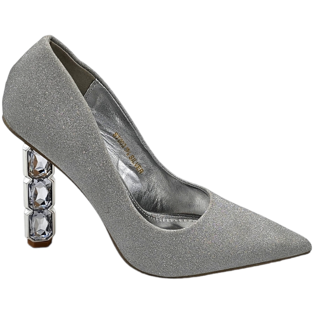 Decollete a punta donna scarpa elegante glitter argento con tacco gioiello triangolare 10 cm .