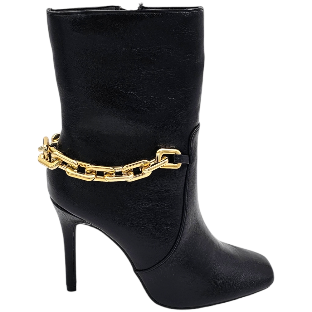 Scarpe tronchetto punta donna con tacco alto sottile 12cm e plateau 1cm alla caviglia nero zip laterale con catena oro.