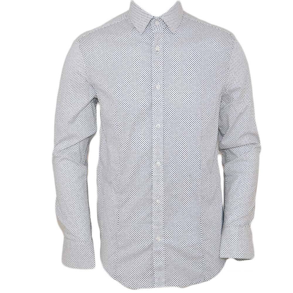 Camicia uomo cotone bianco pois collo rigido manica lunga motivo astratto blu chiusura bottoni moda