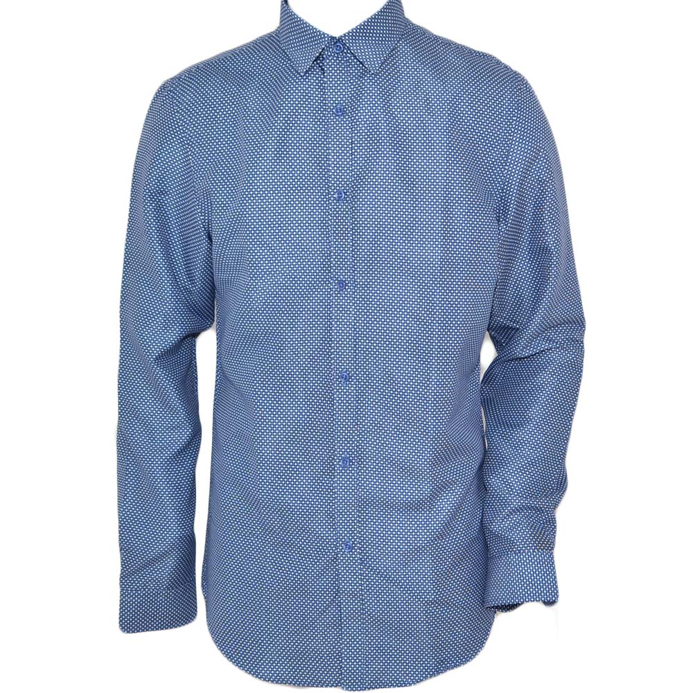 Camicia uomo cotone blu collo rigido manica lunga motivo astratto made in italy slim linea  basic.