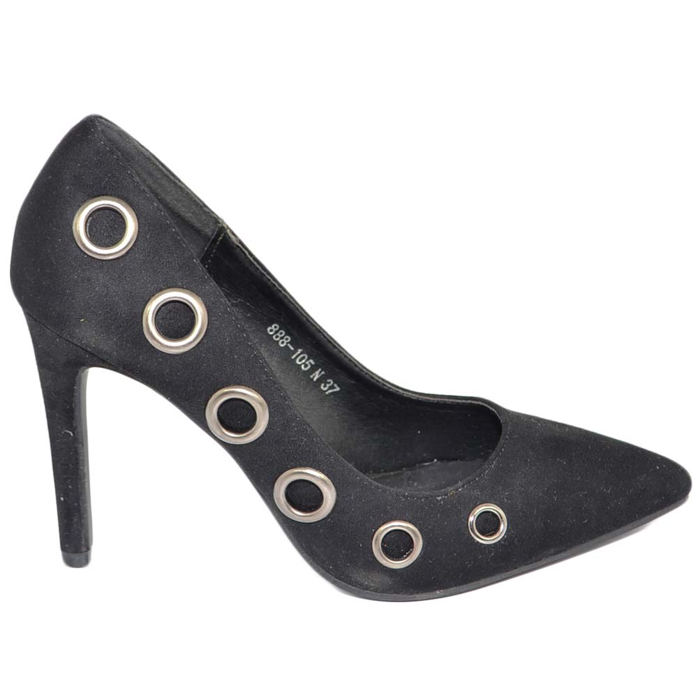 Decollete'scarpe donna a punta in camoscio nero con tacco a spillo 12 borchiato moda glamour.