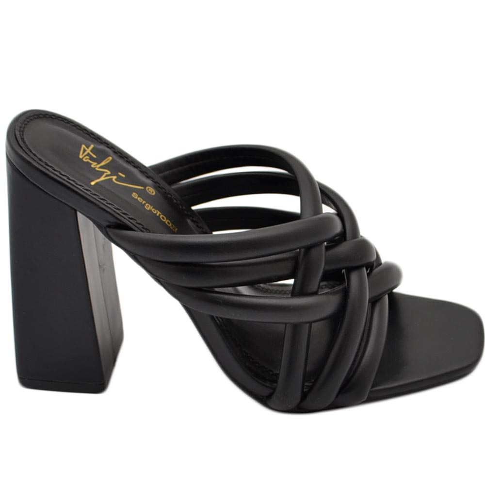 Sandalo donna nero mules sabot con tacco largo comodo 12 fasce effetto intrecciato moda estate.