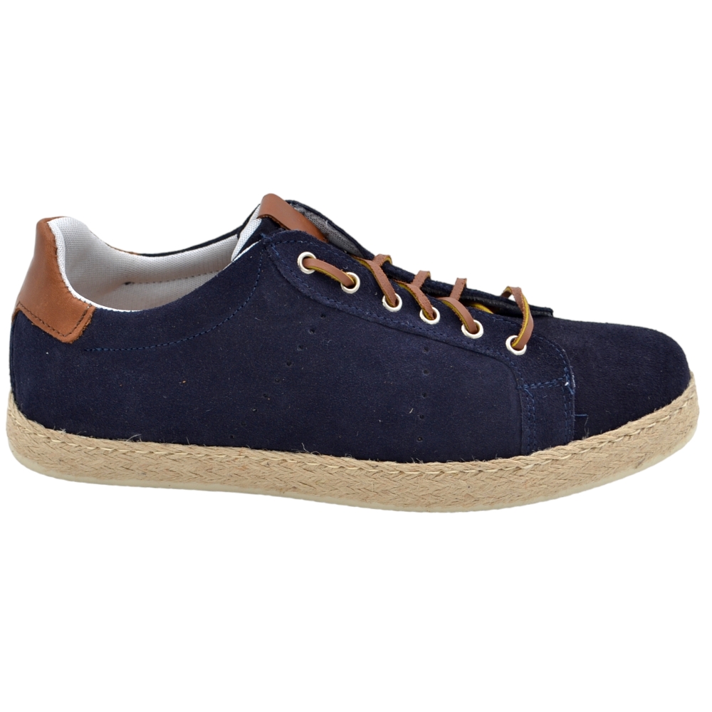 Sneakers bassa uomo in vera pelle scamosciato blu fortino cuoio fondo in corda e gomma basso 2 cm moda lacci in pelle 