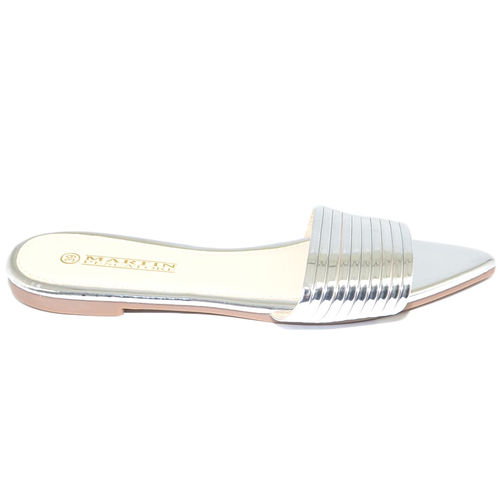 Pantofoline donna argento a punta tallone scoperto fascia striata laminata lucida linea comfy chic