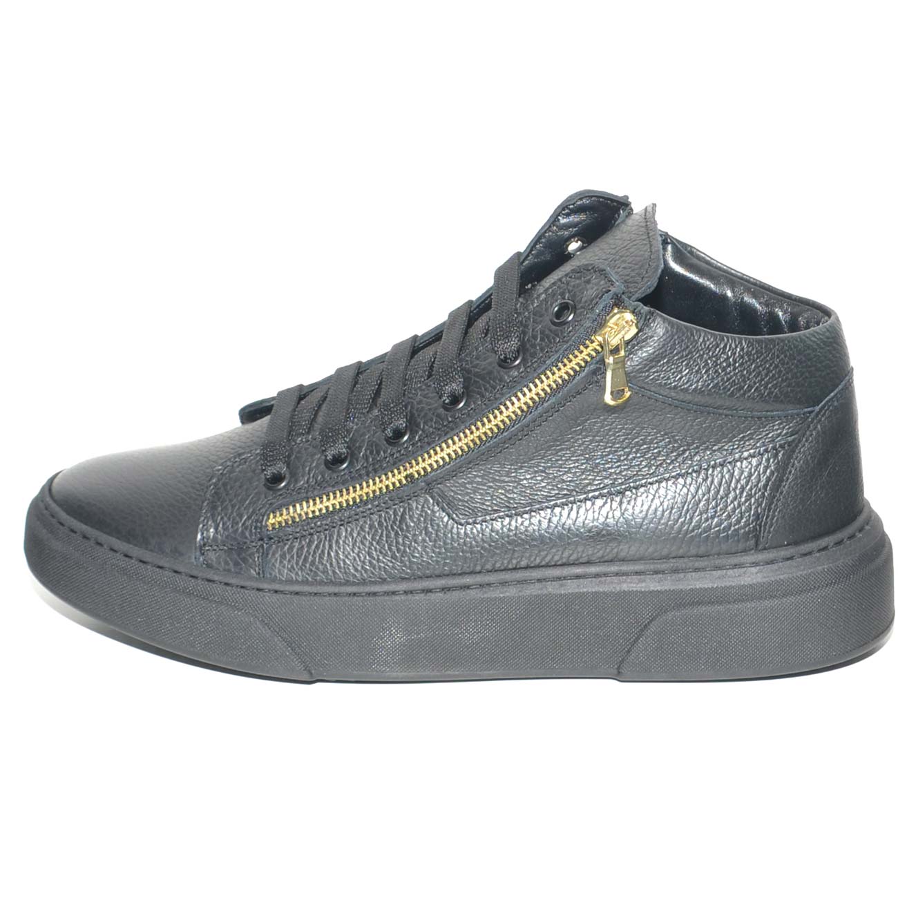 Sneakers alta in vera pelle bortolata di nappa con doppia zip oro fondo underground uomo stile fatte a mano.