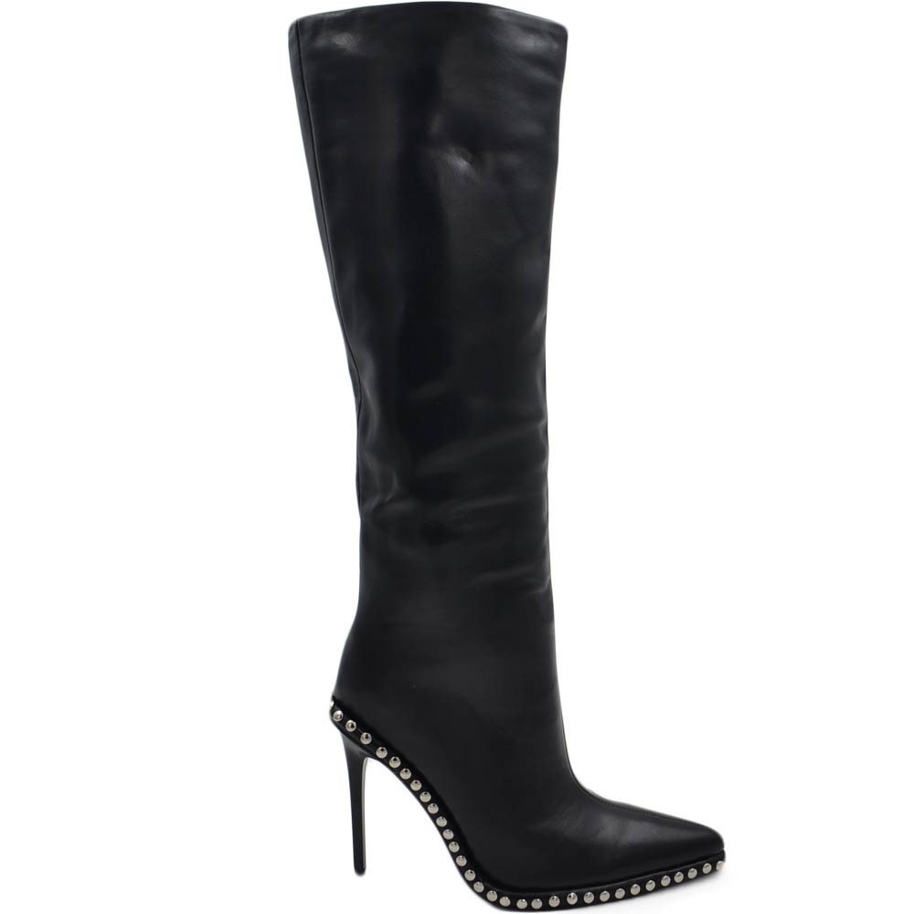 Stivale alto in pelle nera donna al ginocchio tacco a spillo 15 cm aderente con zip a punta e borchie argento aderente 