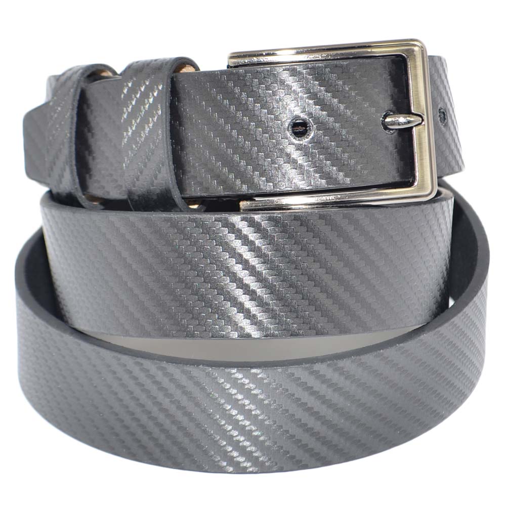 Cintura uomo nera in vera pelle di vitello stampa geometrica regolabile con fibbia in acciaio made in italy business man.