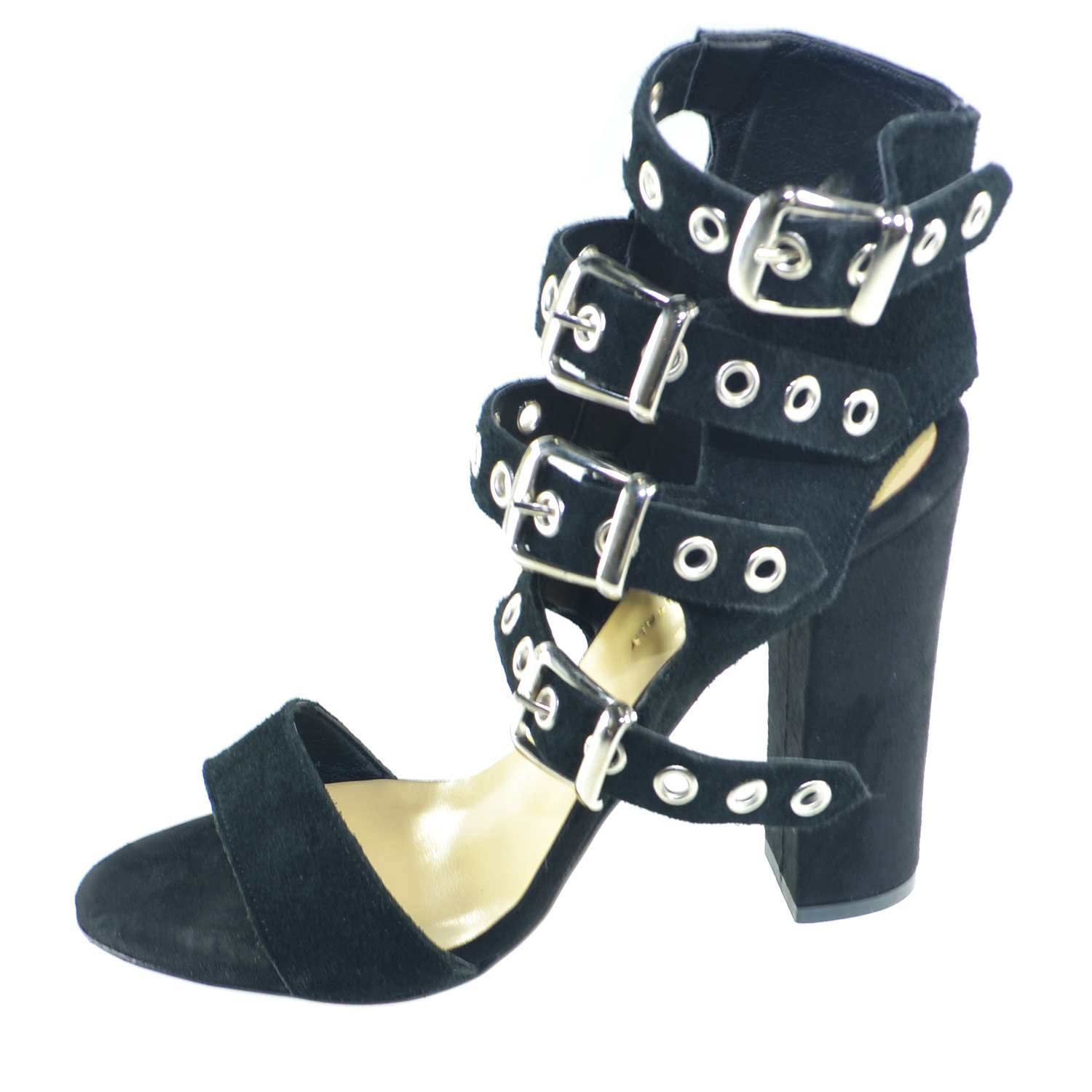Sandali tacco doppio nero art.st9094 made in italy accessori fibbia argento camoscio moda comfort fondo antiscivolo.