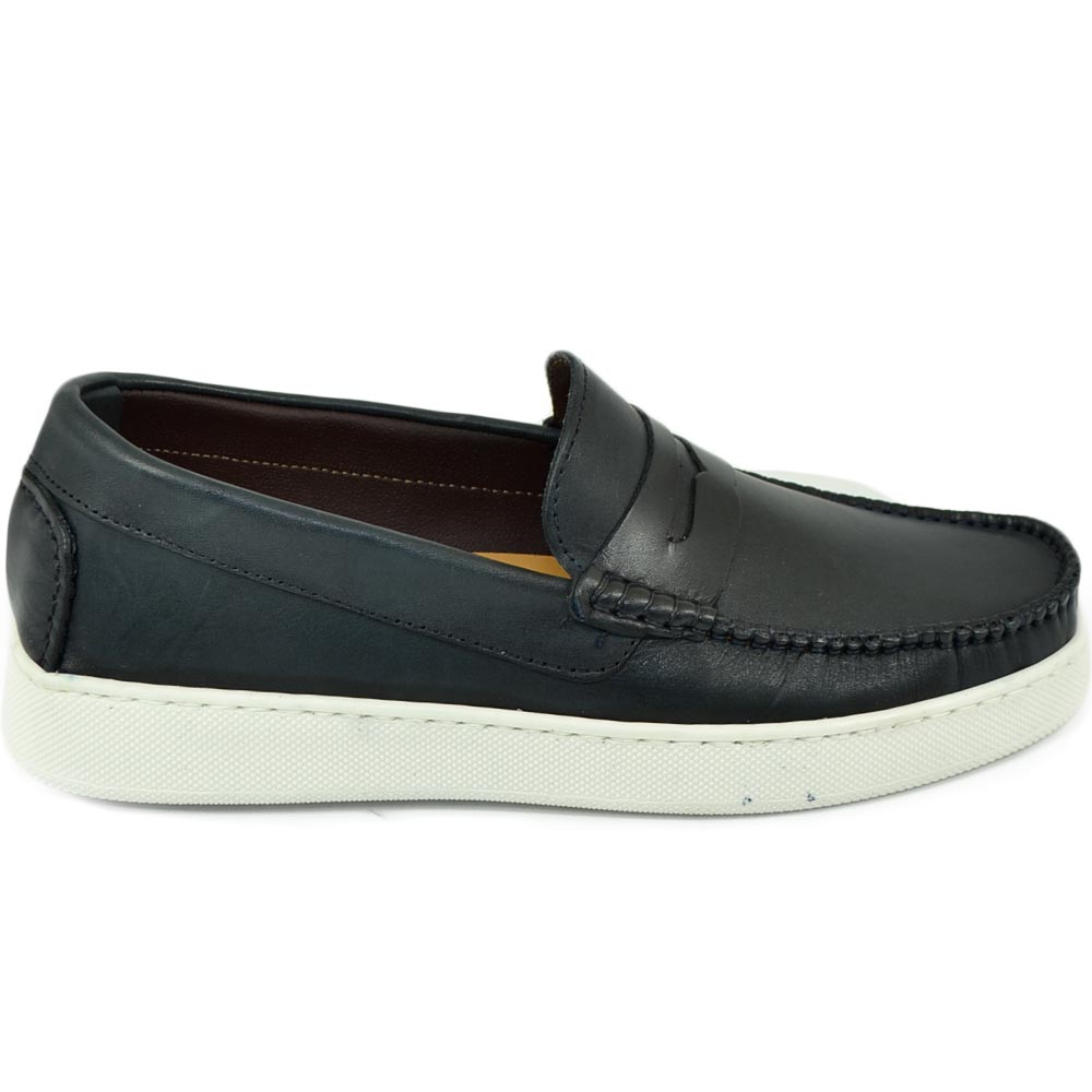 Mocassini uomo slip on classico sportivo in vera pelle di nappa blu cuciture in punta bendina fondo bianco alto