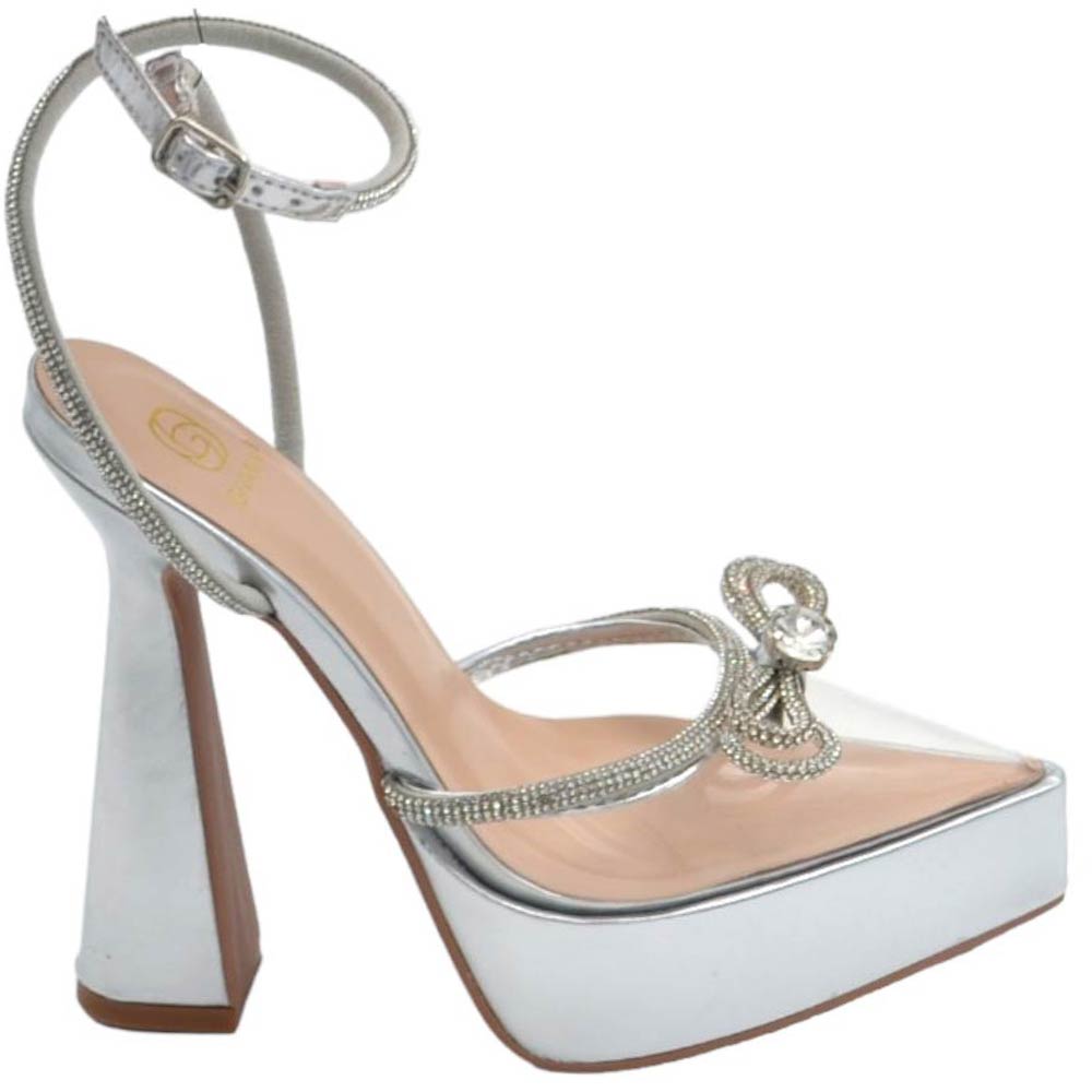 Scarpe decollete donna gioiello trasparente argento  plateau 3 cm e tacco alto 15 cm cinturino alla caviglia moda.