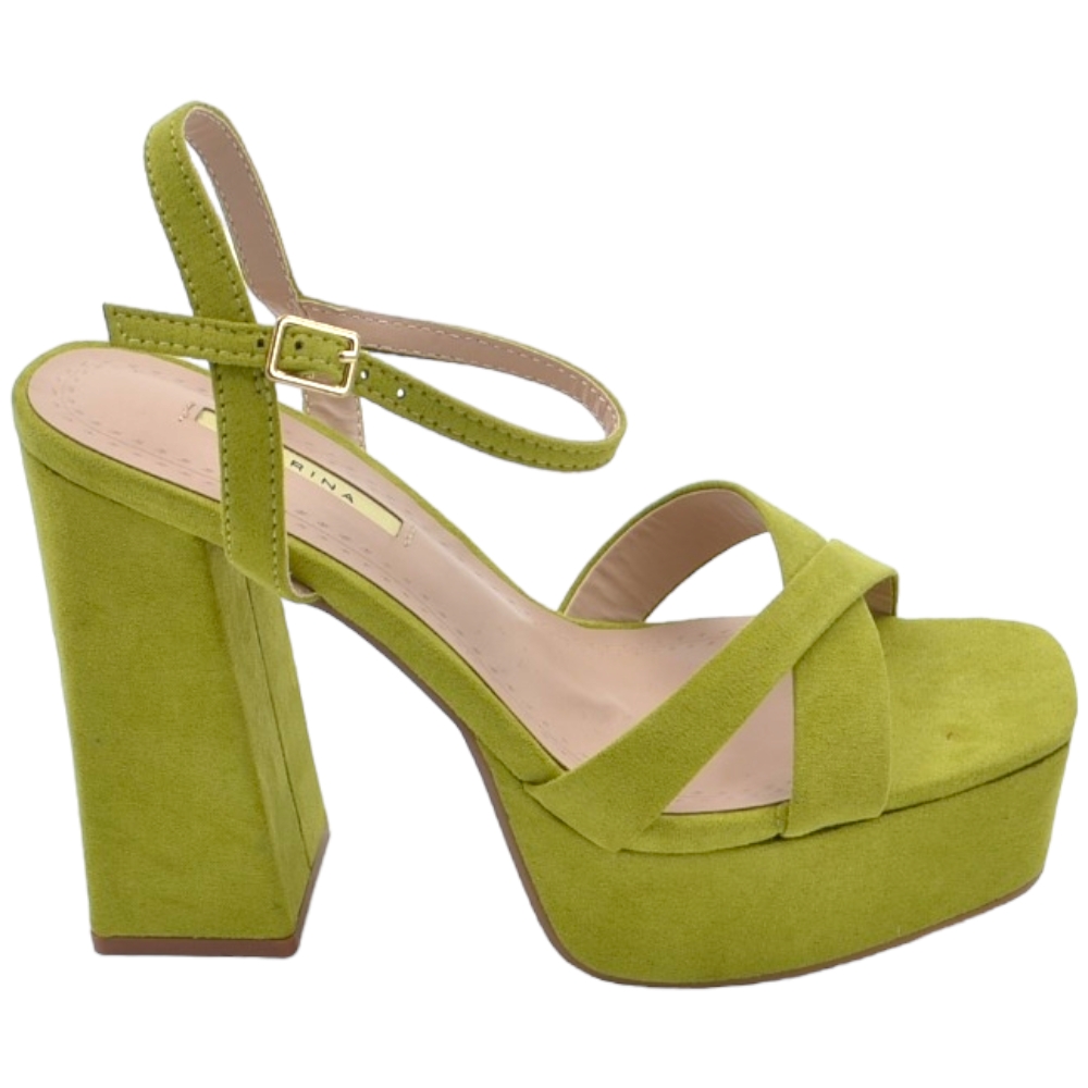 Scarpe sandalo donna camoscio verde platform punta quadrata tacco largo 12 cm con plateau 4 cm cinturino alla caviglia .