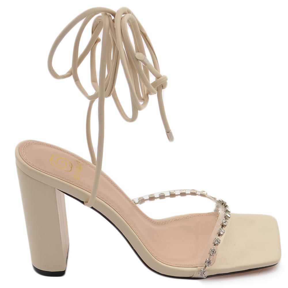 Sandalo donna gioiello open toe beige intrecciato tacco doppio 10 strass luccicanti cerimonia lacci alla caviglia .