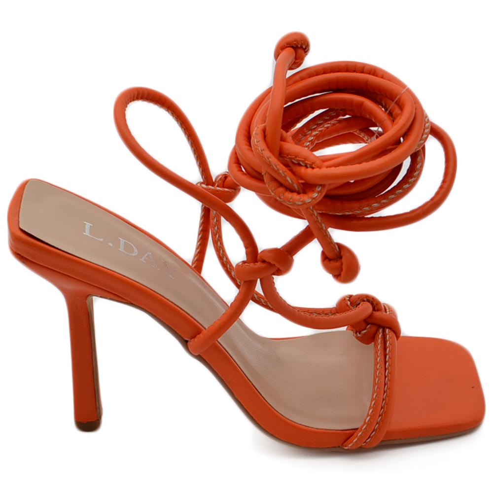 Sandalo donna open toe arancione intrecciato con nodi tacco a spillo 12 cerimonia eventi lacci alla schiava .