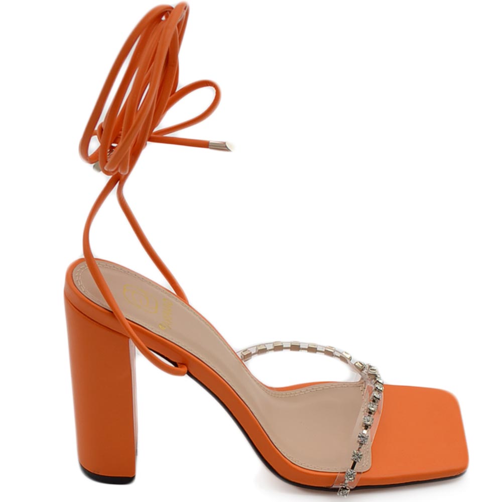 Sandalo donna gioiello open toe arancione intrecciato tacco doppio 10 strass luccicanti cerimonia lacci alla caviglia .