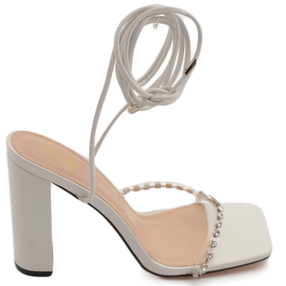 Sandalo donna gioiello open toe bianco intrecciato tacco doppio 10 strass luccicanti cerimonia lacci alla caviglia .