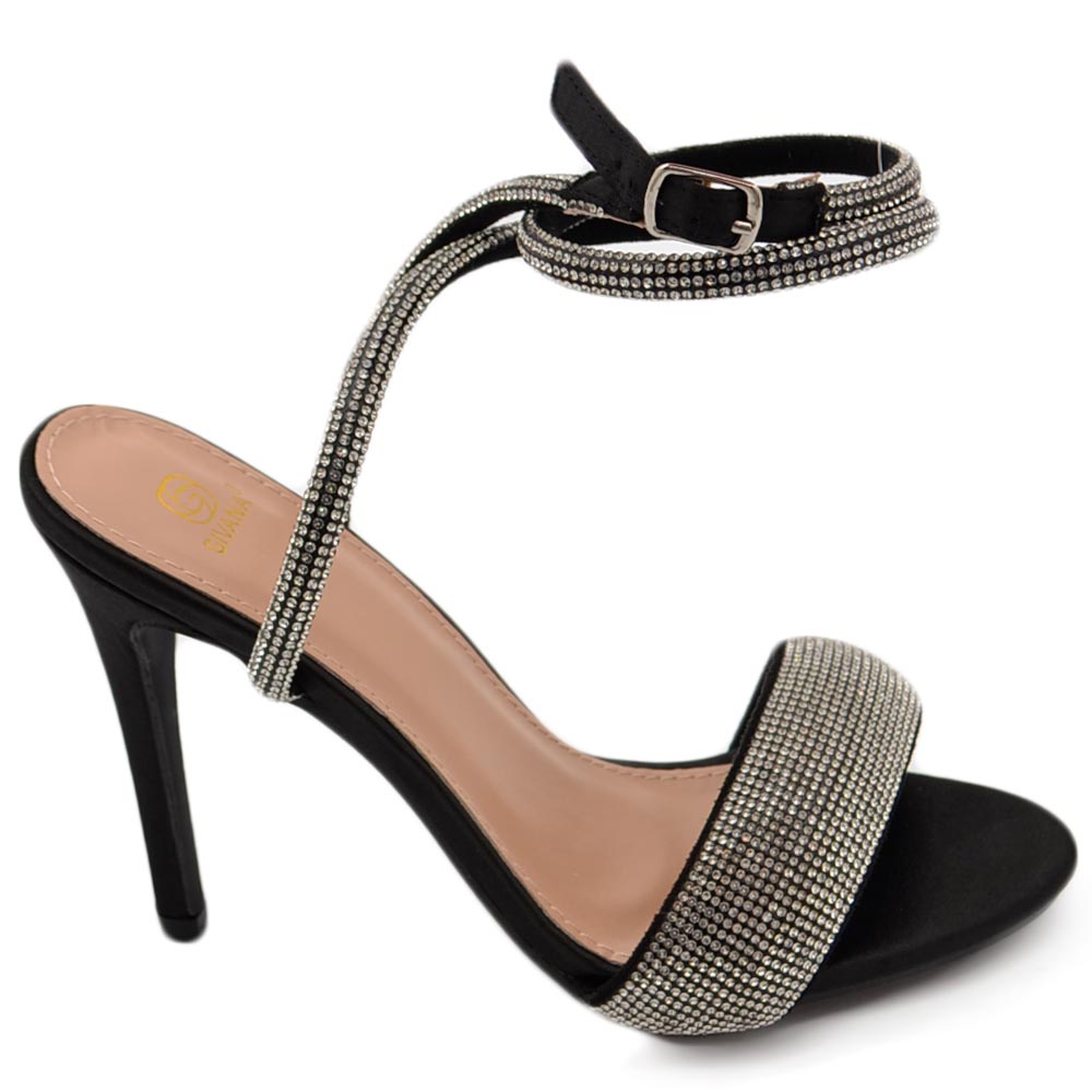 Sandalo gioiello donna con tacco 12 nero fascia di strass luccicanti cerimonia evento cinturino alla caviglia