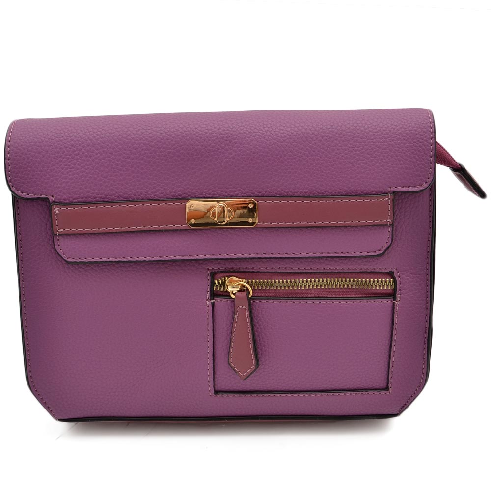 Pochette donna rettangolare in ecopelle viola con zip irregolare e doppia chiusura catena interna moda cerimonia eventi