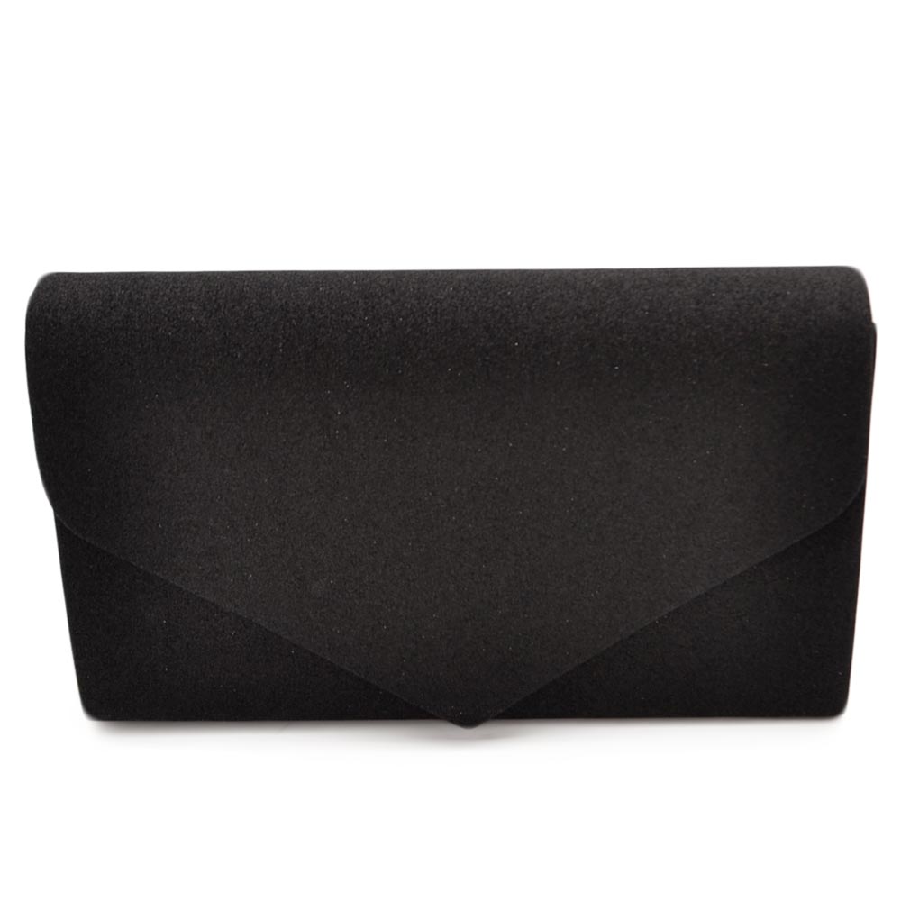 Pochette donna rettangolare a forma di lettera busta in camoscio nero con catena e taschino linea basic made in italy