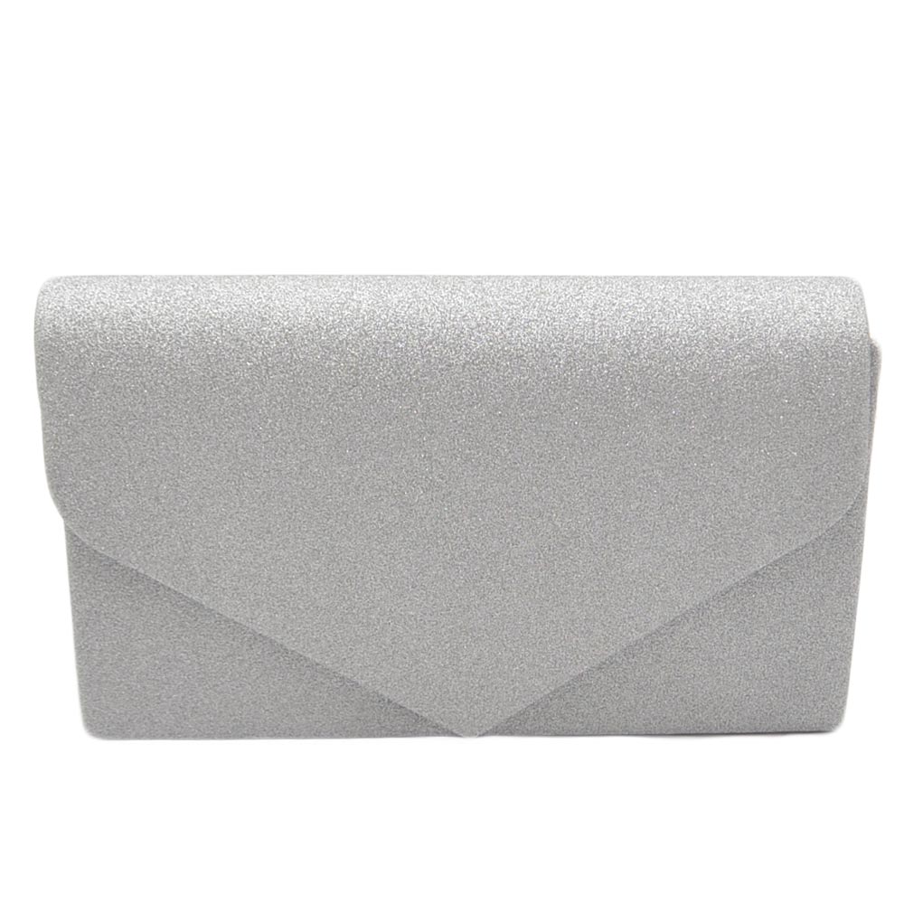 Pochette donna rettangolare a forma di lettera busta in pu argento satinato glitter catena linea basic made in italy