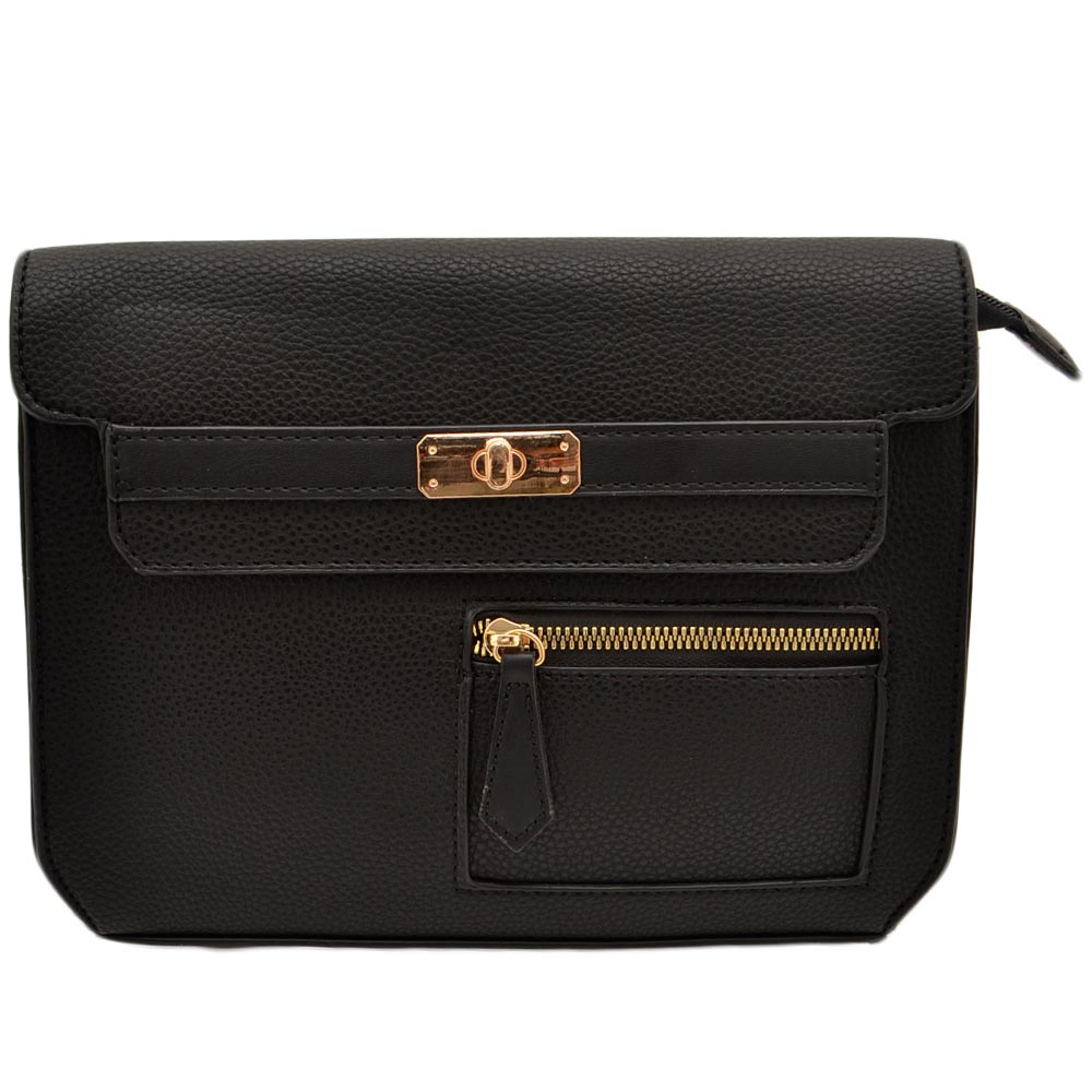 Pochette donna rettangolare in ecopelle nero con zip irregolare e doppia chiusura catena interna moda cerimonia eventi