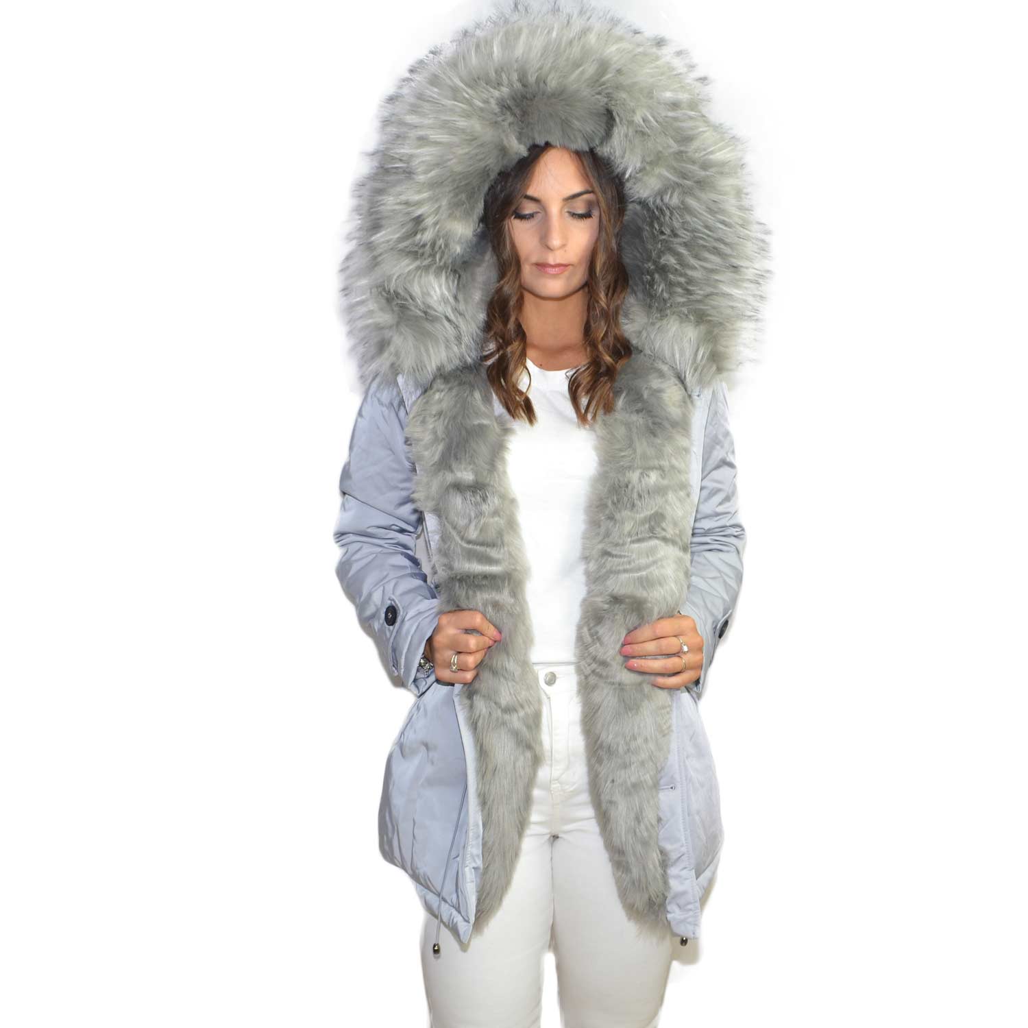 Parka donna invernale con pelliccia ecologica giacca giubbotto piumino  lungo grigio perla extra volume imbottito caldo donna parka K-ZELL