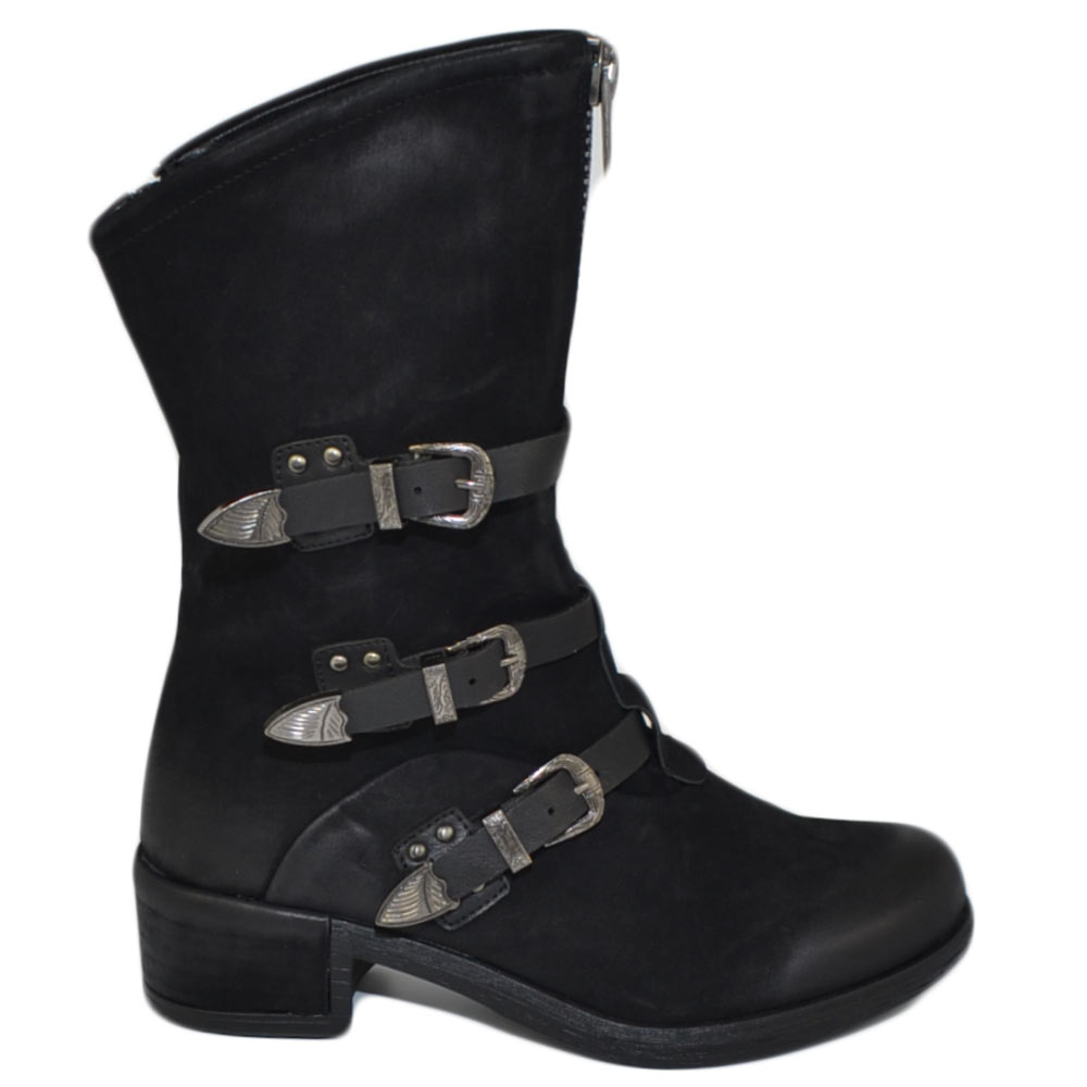 Stivaletti scarpe donna nero in pelle effetto nubuk con fibbie e stringhe asimmetrico moda con zip 