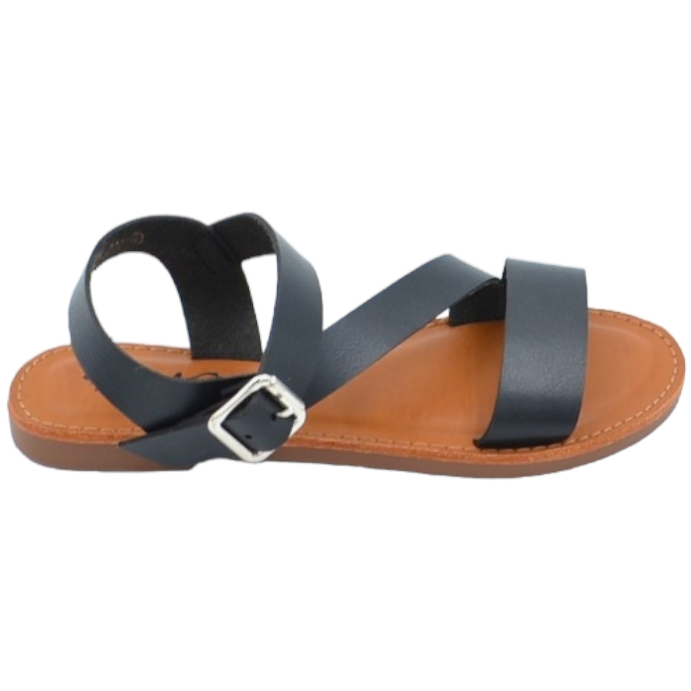 Sandalo basso nero tre fasce in morbida pelle cinturino alla caviglia fibbia fondo antiscivolo comoda estate.