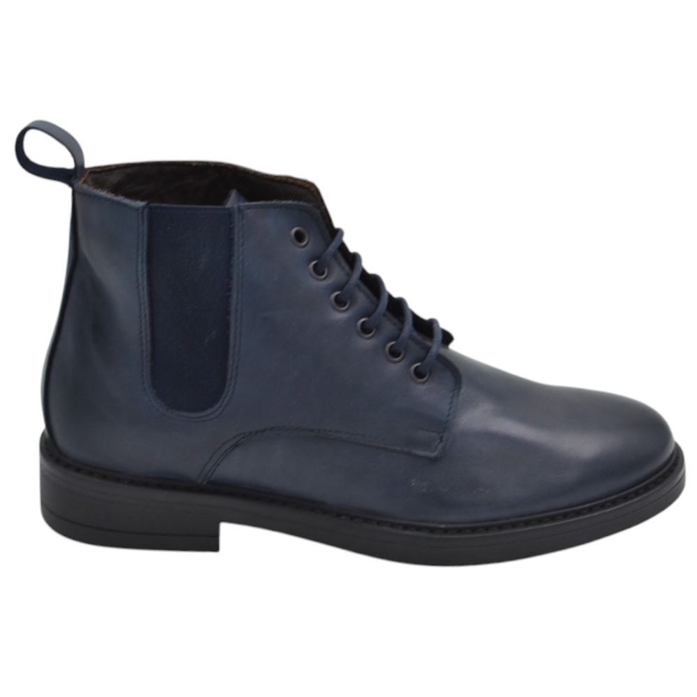 Scarpe stivale polacchino uomo anfibio lacci vera pelle nappa blu suola gomma zip elastico laterale calzata facilitata .