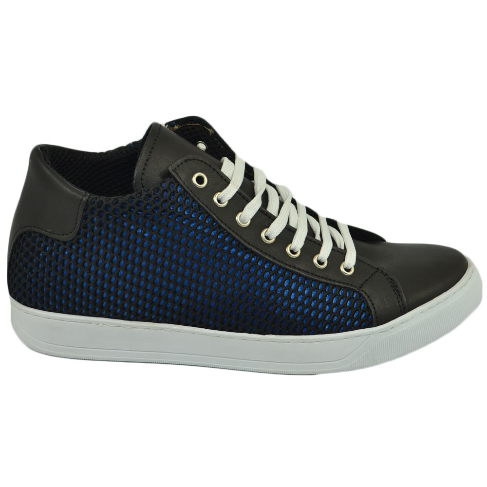 Sneakers scarpa alta uomo tessuto lycra vera pelle nero fondo blu ultraleggero genuine leather made in italy comoda.