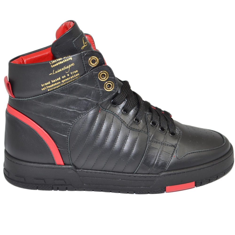 Sneakers alta uomo CRYPTO by LS LUISANTIAGO vera pelle nappa nero inserti cocco oro rosso  handmade in Italy streetwear