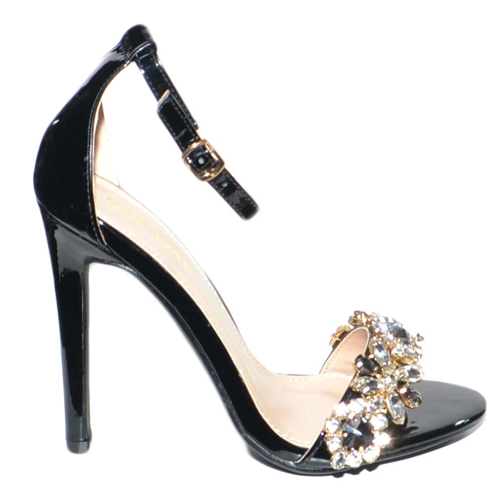 Sandalo nero alto donna gioiello con tacco a spillo linea luxury cinturuno  caviglia con strass sulla fascetta orizzontal donna sandali tacco Malu  Shoes | MaluShoes