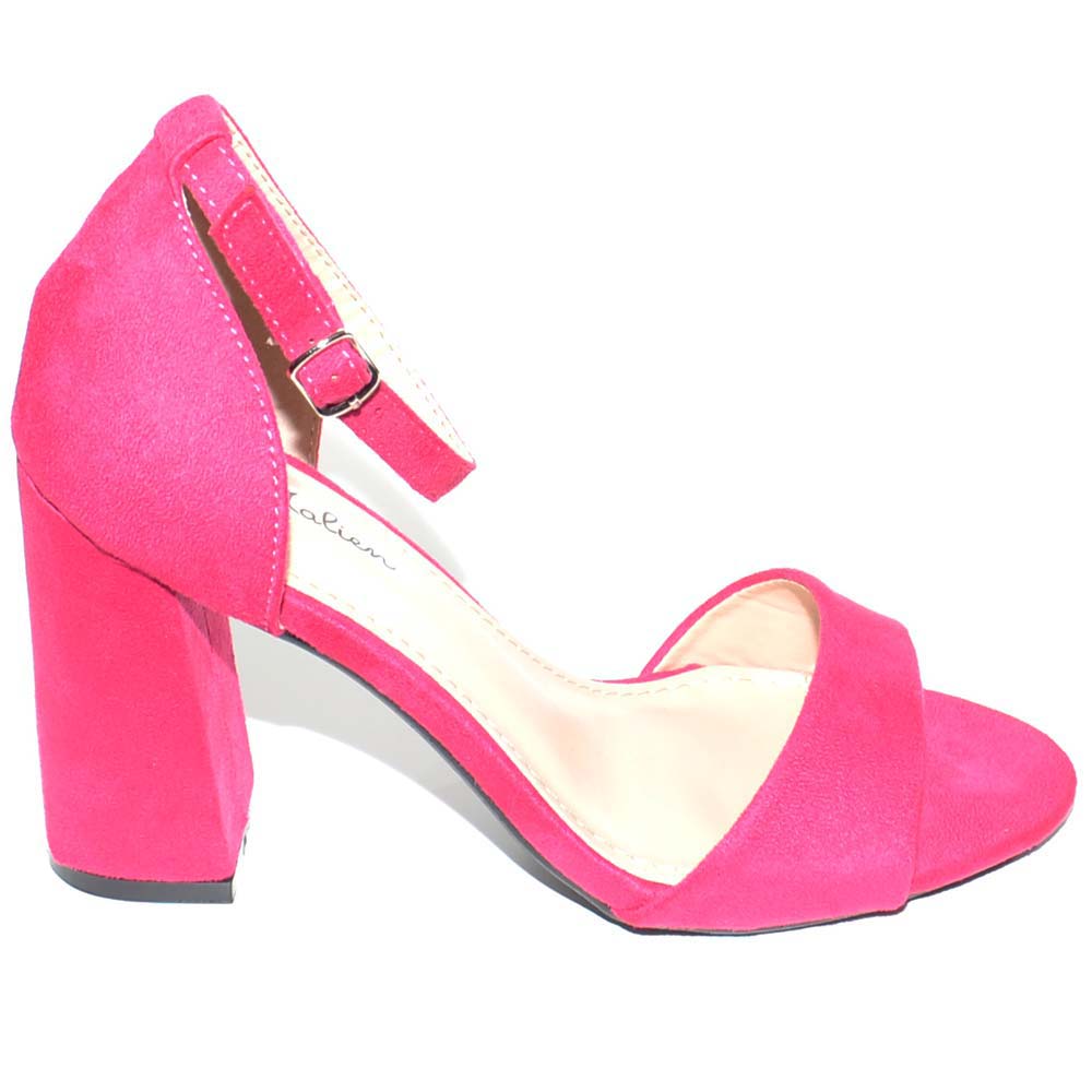 Sandalo tacco doppio comfort asimmetrico fucsia scarpe donna eleganti per cerimonia con cinturino alla caviglia