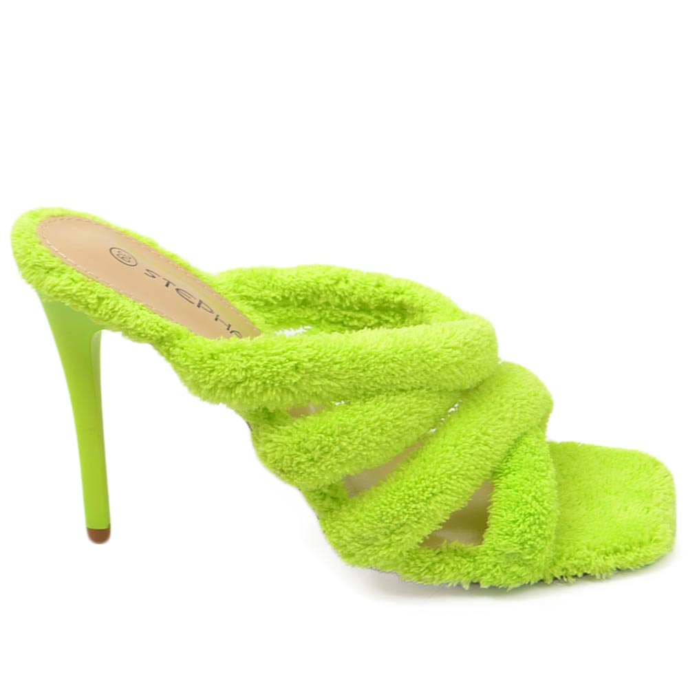 Sandali donna mules tacco alto a spillo in tessuto spugna effetto asciugamano verde fluo comodo punta quadrata eventi.