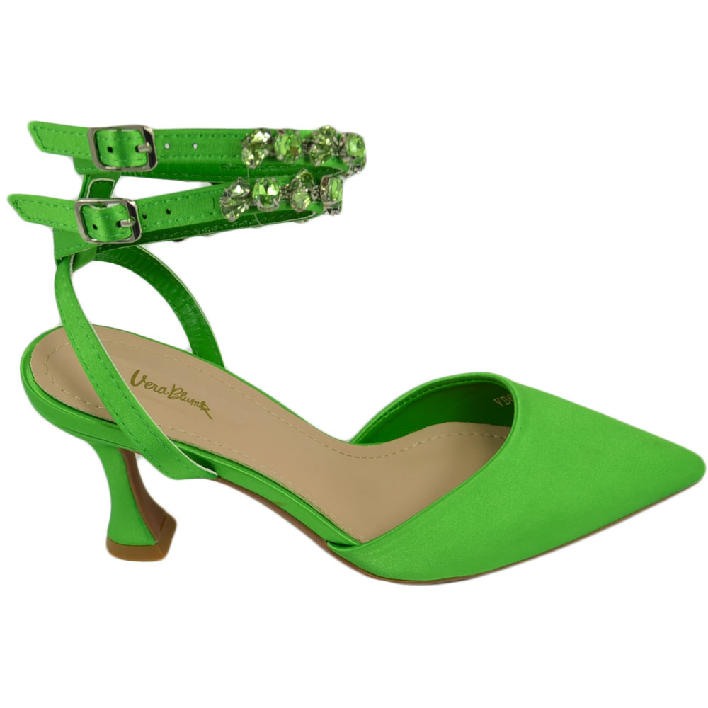 Scarpe decollete mules donna elegante punta in raso verde tacco10 cerimonia allacciatura alla caviglia con strasopen toe.