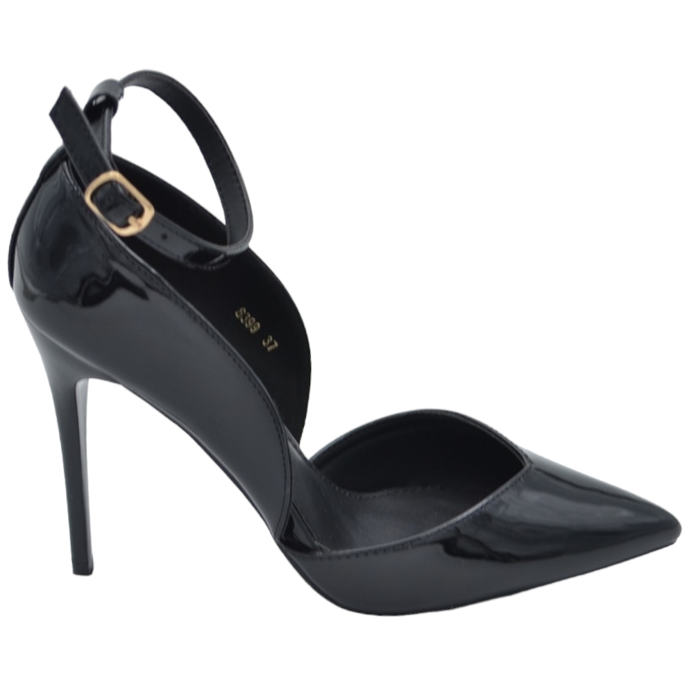 Decolette' donna in pelle lucida nera con punta tacco sottile 12 cm  cinturino alla caviglia regolabile scollo laterale 