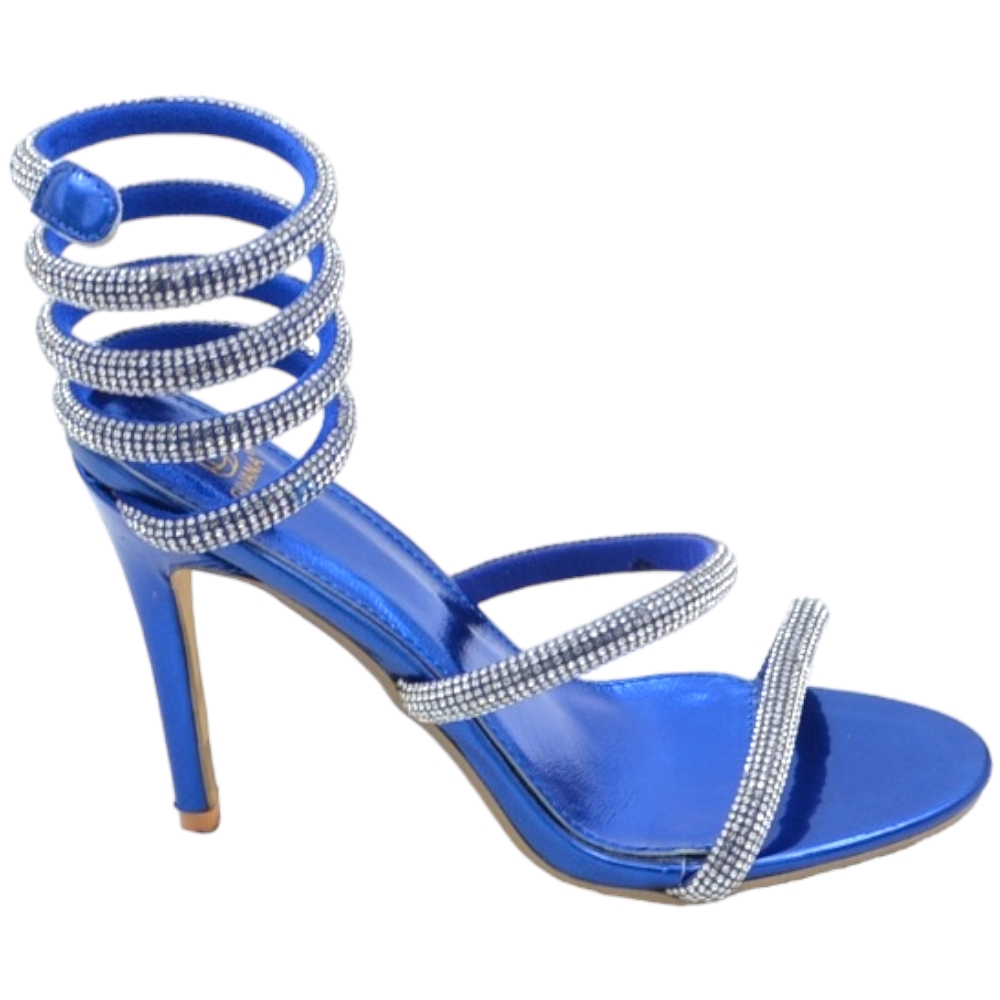 Sandali donna gioiello blu tacco sottile 12 cm serpente rigido si attorciglia alla gamba argento regolabile brillantini