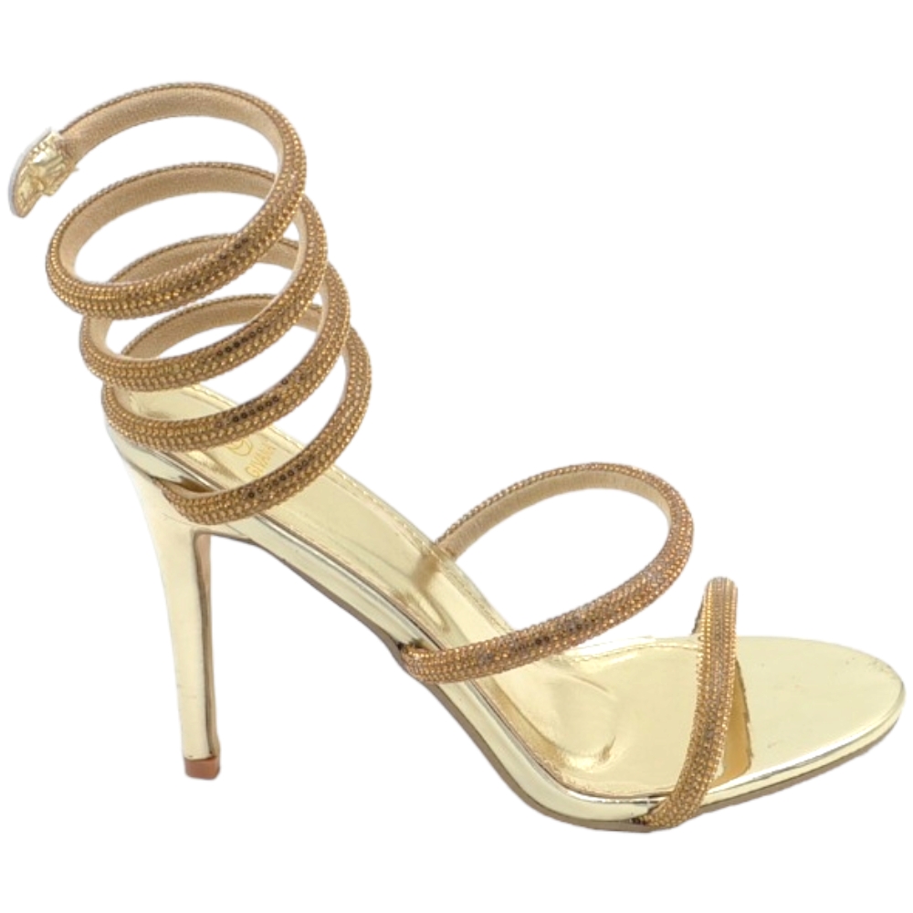Sandali donna gioiello oro tacco sottile 12 cm serpente rigido si attorciglia alla gamba oro regolabile brillantini