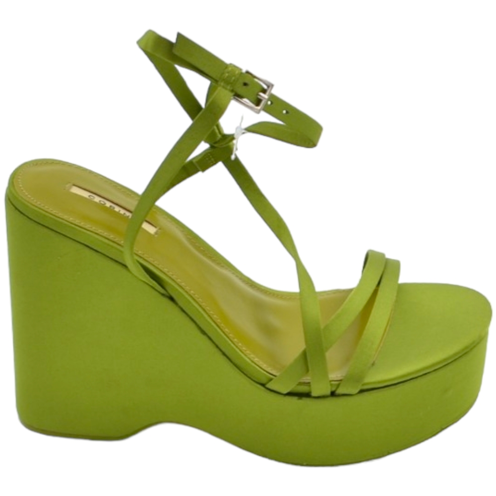 Zeppa donna verde in pelle chiusura alla caviglia fondo tono su tono asimmetrico platform zeppa 10cm plateau 3cm