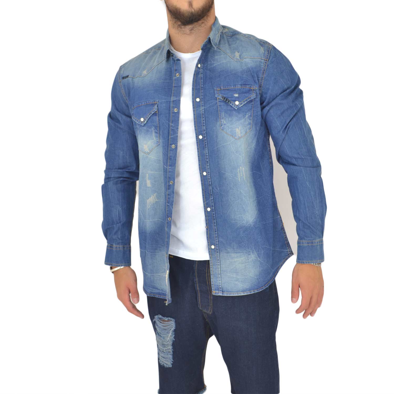 CAMICIA UOMO MAN JEANS SCURO DENIM COLLO RIGIDO MANICA LUNGA BASIC CON BOTTONI PARTICOLARI