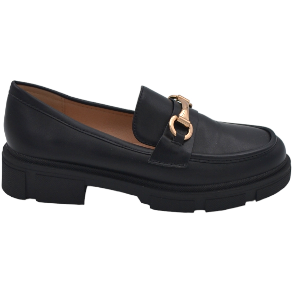 Mocassino donna collage inglese con bendina in pelle nero opaca suola in gomma 2 cm antiscivolo morsetto oro