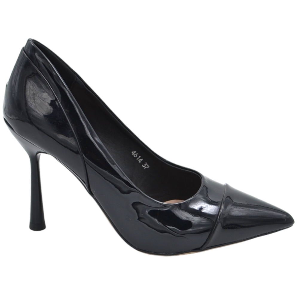 Decollete' donna a punta lucida nero tacco a clessidra 10 cm linea basic con punta in rilievo cerimonie eventi moda