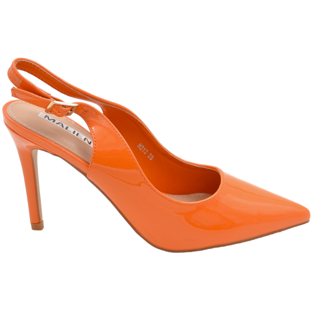 Scarpe decollete slingback donna elegante a punta in vernice lucida arancione tacco 10 cinturino tallone regolabile.