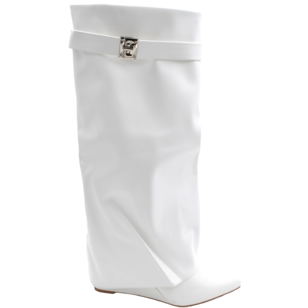 Stivali donna bianco a punta al ginocchio punta con para risvolto modello shark zeppa 8 cm e accessorio argento moda.