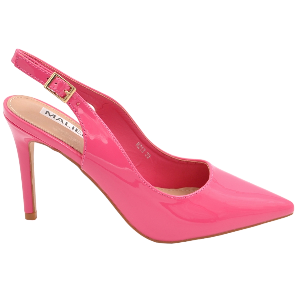 Scarpe decollete slingback donna elegante a punta in vernice lucida fucsia tacco 10cm cinturino retro tallone regolabile