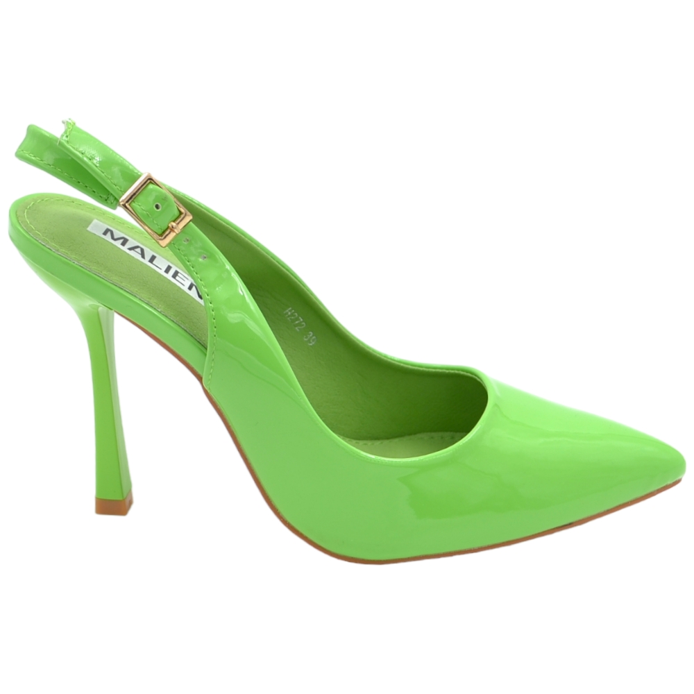 Scarpe decollete slingback donna elegante a punta in vernice lucida verde tacco 10 cm cinturino retro tallone regolabile.