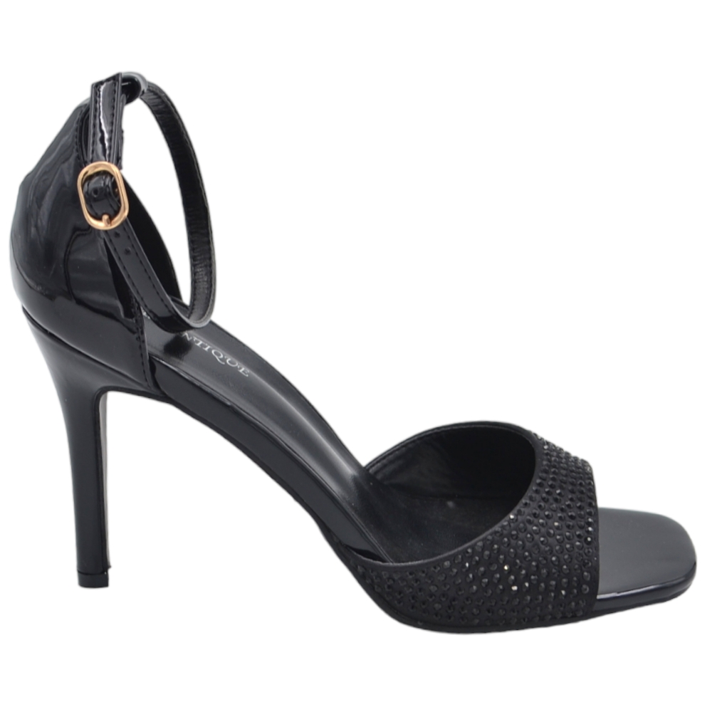 Sandali tacco donna fascetta in tessuto nero strass tono su tono cinturino alla caviglia tacco a spillo comodo 12cm.