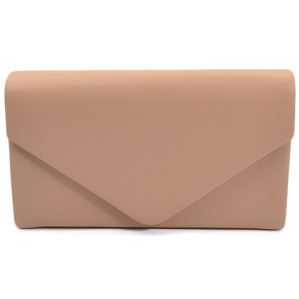 Pochette donna rettangolare a forma di lettera busta in PU beige nude con catena e taschino linea basic made in italy